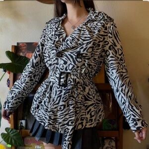 Marina Luna Silk Blend Black White Animal Print Trench Jacket